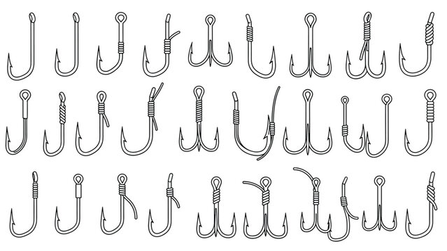 Extensive collection of various fishing hooks including single, double, and triple styles with different fishing knots.