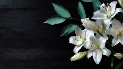 Fototapeta premium White lilies with green leaves on black wooden surface