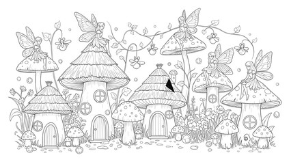 Whimsical fairy village with mushroom houses and butterflies in a magical forest setting