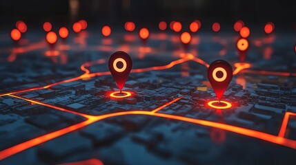 A digital map with glowing red location markers and lines indicating navigation and direction