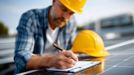 Solar panel sustainability man display, blueprint clean energy renewable resource, installation plan visualization, alternative power concept, grid layout photovoltaic, engineer writing