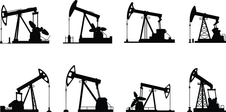 Set of oil pump jack silhouettes, black industrial derrick icons for petroleum extraction and energy industry