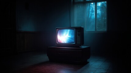 Vintage TV Glowing in Dark Room