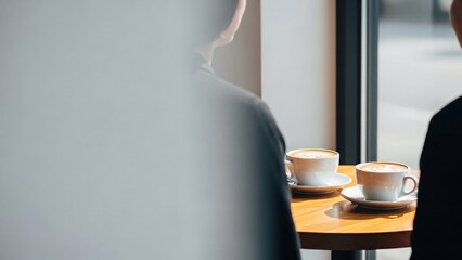 Two men discussing over coffee in a modern cafe