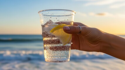 Female hand holding plastic cup of refreshing carbonated sparkling water with lemon slice against beautiful ocean sunset background