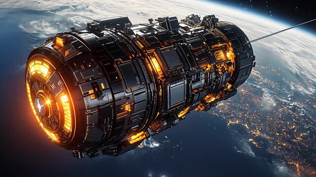 A futuristic spaceship tethered to Earth, glowing orange in the darkness of space.