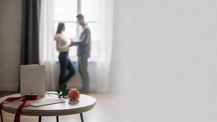 Couple embracing near window with gift box on table