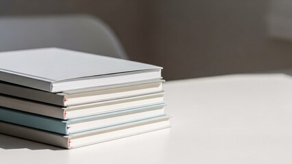 Stack of books on a white table with natural light