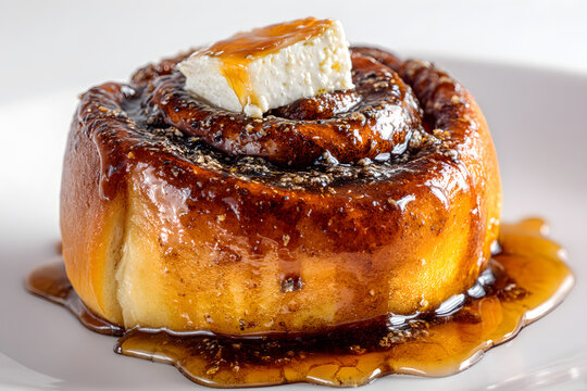 Sticky Golfeado Roll with Butter Drizzle and Syrup on White Plate for Studio Photography