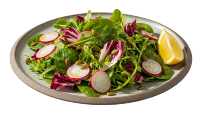 Greens mix with organic radishes slices, pumpkin seeds, and lemon-olive dressing served on a rustic plate isolated on transparent background