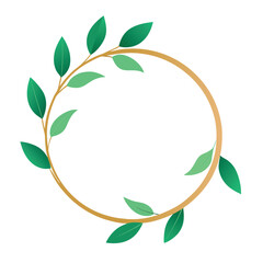 Watercolor-green-leaves-wreath-with-gold-circle. 
