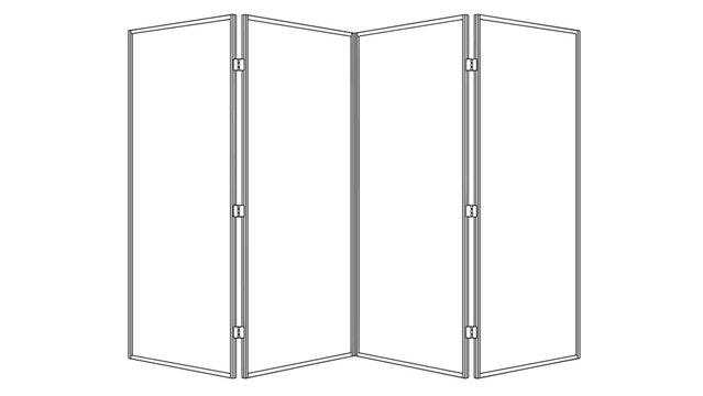 Minimalist line drawing of a four panel folding room divider or screen used for interior design and privacy in residential or office space.