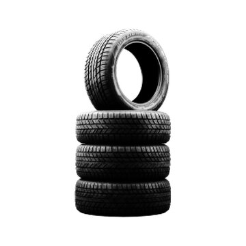 Black and white halftone illustration of stacked car tires with one tire standing upright. Automotive concept representing wheels, spare tires, vehicle maintenance, and transport industry.