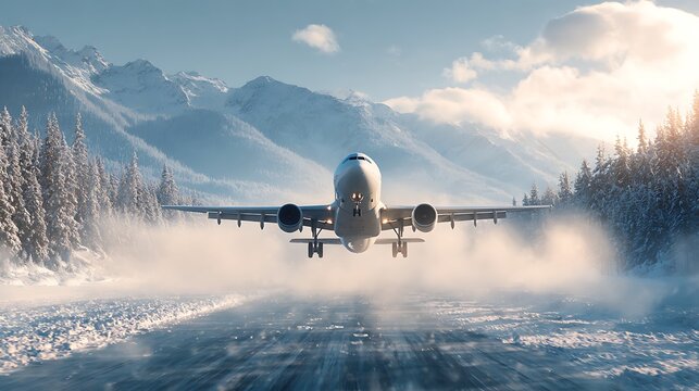 A commercial airplane taking off from a snow-covered runway with snow-capped mountains in the background - Powered by Adobe