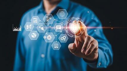 Person in blue shirt touching virtual shield with security floating around