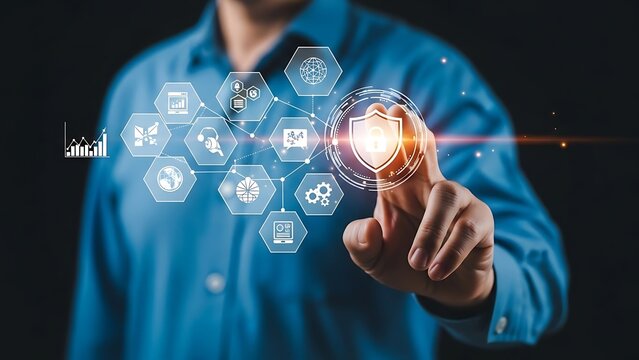 Person in blue shirt touching virtual shield with security floating around - Powered by Adobe