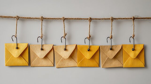 Six small envelopes suspended from a string, each pierced by a fishhook, against a gray backdrop - Powered by Adobe
