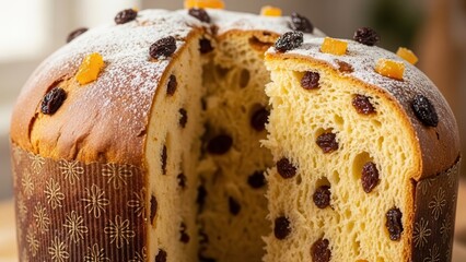 Delicious panettone with candied fruits and powdered sugar topping