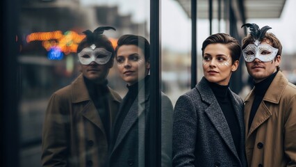 Two men in masks standing outside a glass window reflection