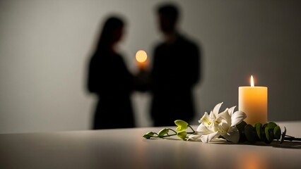 Couple holding candles with flowers on a table in the foreground