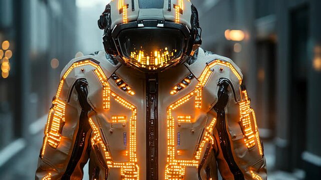 A static close-up of an astronaut in a futuristic spacesuit with glowing orange lights, standing in a dark city alley.