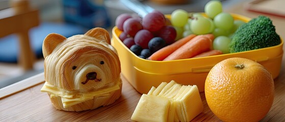 Creative lunch box idea features a sandwich shaped like a bear's head along with fresh fruits and vegetables on a wooden table