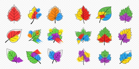 Fototapeta premium Colorful autumn leaves vector illustration set with various shapes and vibrant colors, perfect for seasonal designs and nature-themed projects.