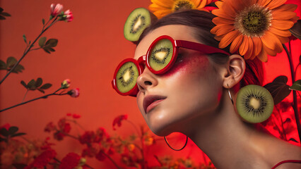 Closeup portrait of a glamorous fashion model wearing stylish red sunglasses and bright makeup featuring red lips and a trendy hairstyle