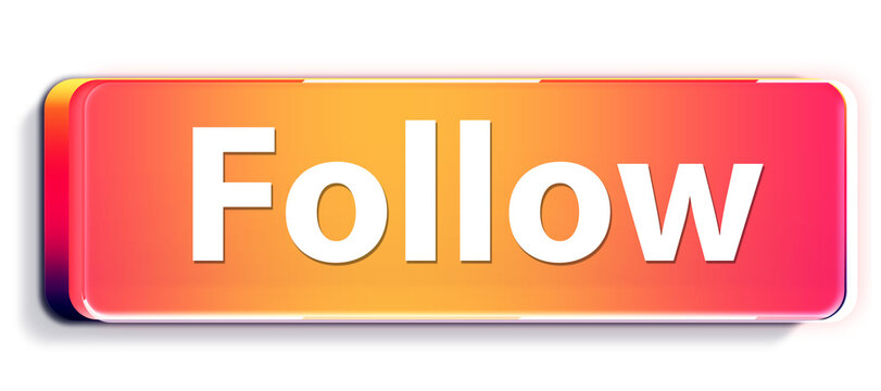 Glossy orange follow button with mirror shine effect isolated on transparent background, modern UI social media call to action element