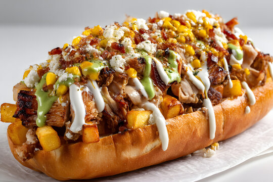 Delicious Pepito Sandwich with Grilled Chicken, Avocado, Corn, and Crispy Bacon Topped with Sauces