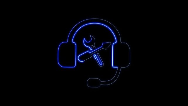 Neon Blue Headset Icon with Chat Bubbles on Black Background Abstract Communication.Glowing neon line Headphones with speech bubble icon isolated on black background. Support customer.4K