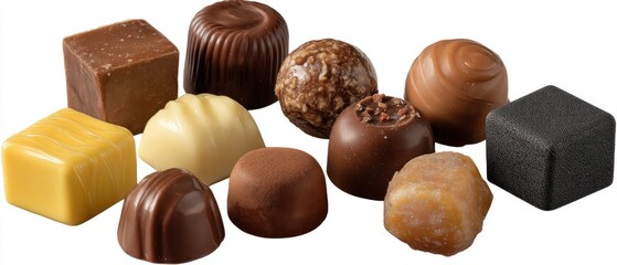 Collection of various types and shapes of chocolates arranged on a simple white background showcasing sweet delicacies for dessert lovers
