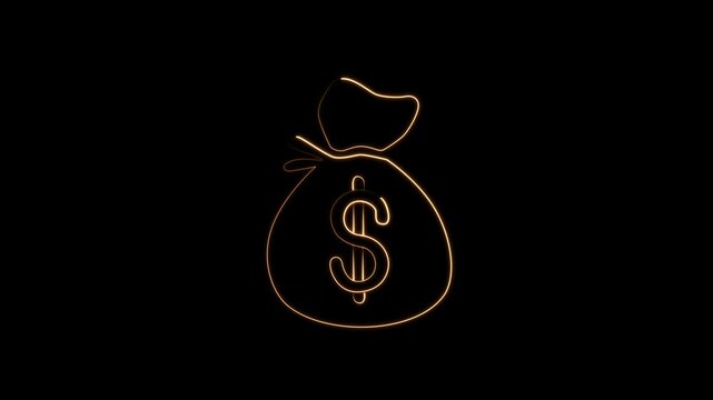 Glowing neon Money bag and coin with euro icon isolated color, doller money bag cash doodle animation, doller symbol concept animation