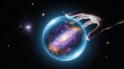 A hand holding universe with glowing galaxy and stars inside glass sphere representing cosmic power and creation