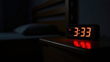 Digital alarm clock showing 3:33 am on a nightstand beside a bed in a dark room. Concept of insomnia, early morning, or disturbed sleep.