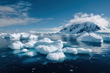 Majestic antarctic landscape with floating icebergs under clear blue sky