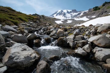 Majestic mountain stream with snow-capped peaks under clear blue sky