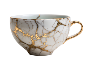 Kintsugi tea cup with golden handle isolated on transparent or white background, png