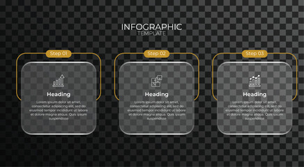 Modern 3-step timeline infographic template with glassmorphism panels, golden outlines, and icons for business workflow, process diagrams, and presentations.