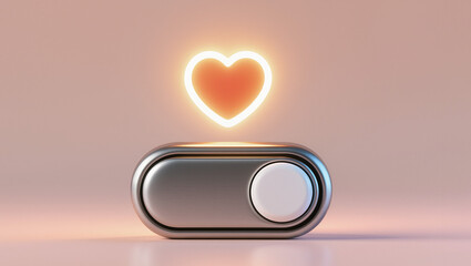 Minimal pastel scene with a fully activated toggle switch. A glowing heart indicator radiates warm light with a soft halo, symbolizing emotional readiness, love, and connection in a premium stock styl