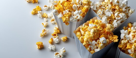 Various snacks arranged in boxes on a white background with room for text and a clean design for promotional purposes