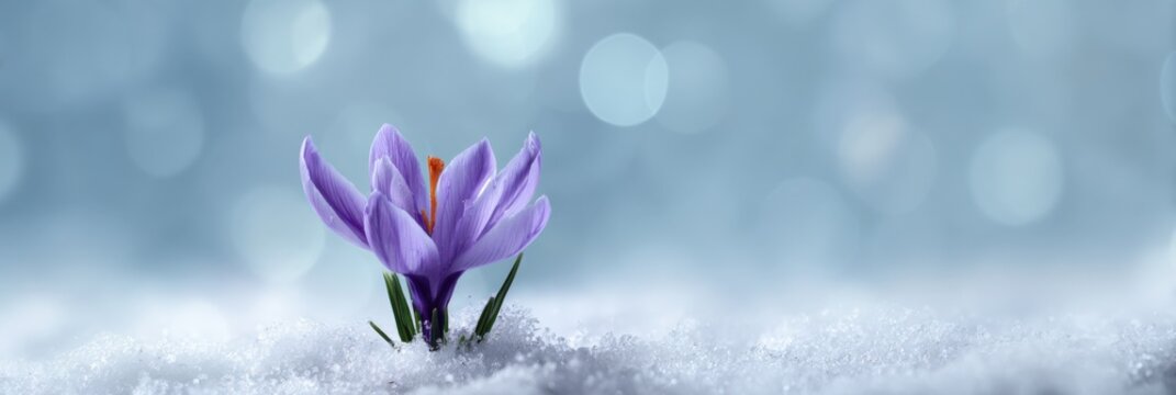 Purple crocus flower emerging through snow with blurred icy background