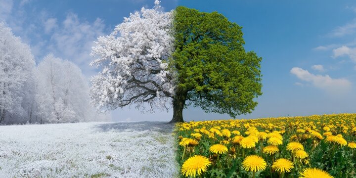 Half winter half spring landscape with snow and blooming flowers