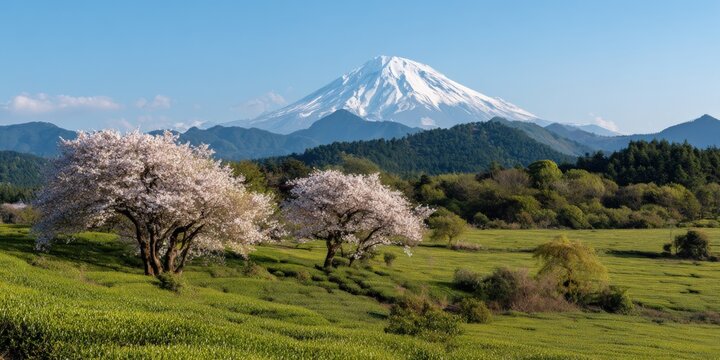 Scenic view of mount fuji with cherry blossoms and green fields