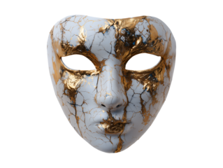 White ceramic mask with gold cracks isolated on transparent or white background, png