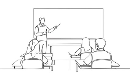 Continuous line drawing of a teacher pointing at a blank whiteboard while students sit at desks in a classroom setting, simple black outline