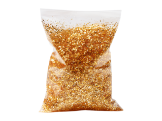 Plastic bag with gold glitter isolated on transparent or white background, png