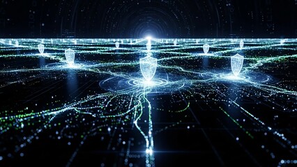 Abstract digital network with protective shields representing data security