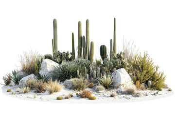 Desert plants, rocks, and white sand create a dry scene