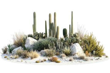 Desert plants, rocks, and white sand create a dry scene